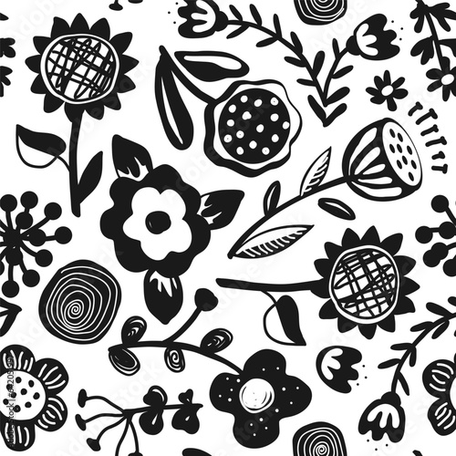 Aesthetic retro flowers in Scandinavian style seamless pattern. Decorative Naive boho background in minimalist style for fabric, wallpaper or wrapping, outline white and black