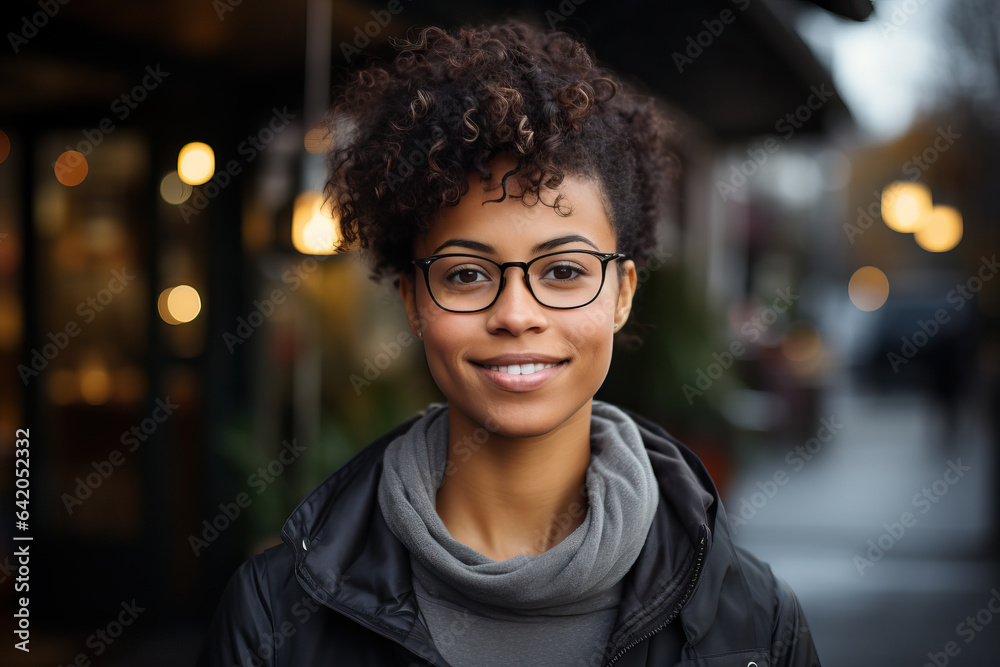 Happy and Stylish: Satisfied Woman Wearing Trendy Glasses Outdoors Happy and Stylish: Satisfied Woman Wearing Trendy Glasses Outdoors