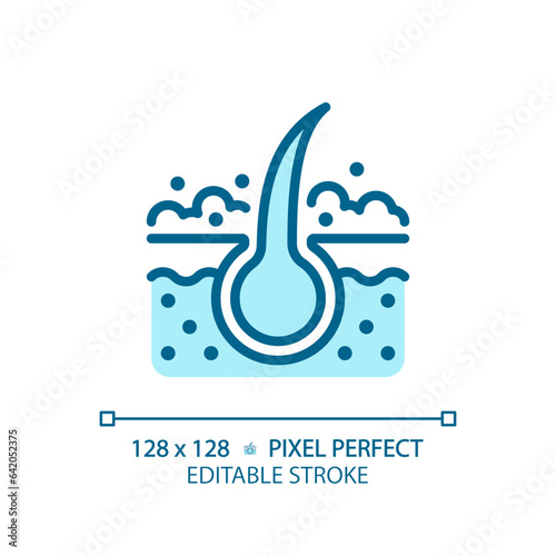 2D pixel perfect editable hair wash blue icon, isolated vector, haircare thin line simple monochromatic illustration.