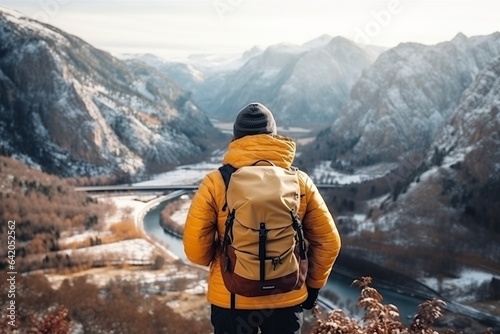 tourist hiker in warm clothes and a backpack