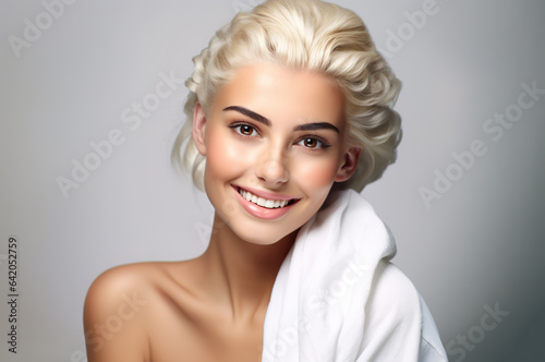 A photo of blonde woman in studio shot