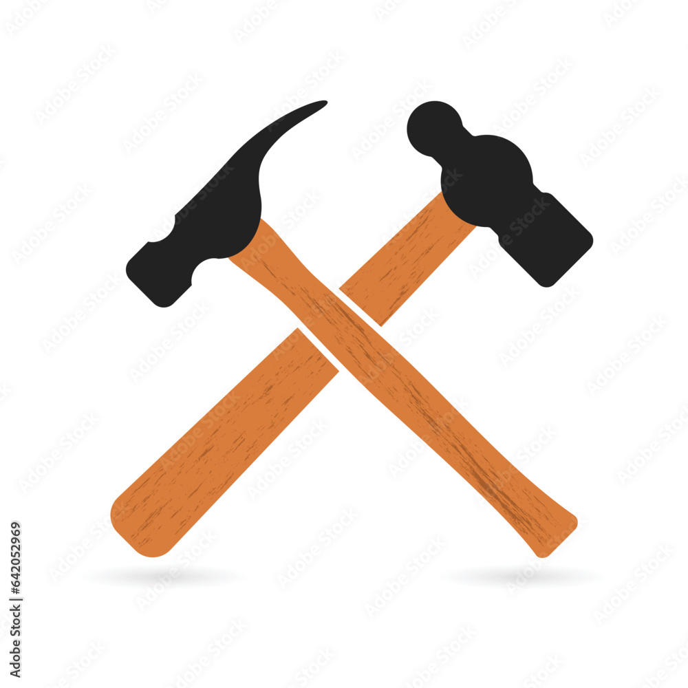 Two crossed wooden handle hammers vector illustration on a white background Two crossed wooden handle hammers vector illustration on a white background