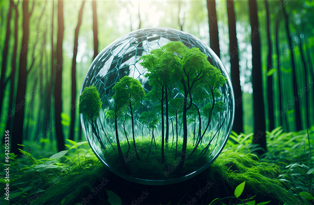 Globe Glass with Net zero icons In Green Forest With Sunlight. AI Generated Globe Glass with Net zero icons In Green Forest With Sunlight. AI Generated