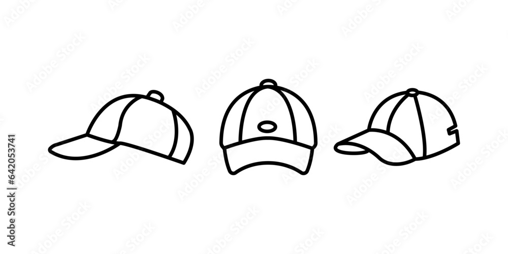 Set of Base ball cap vector icons. Black linear Baseball hat icons vector on white background. Black silhouette. Set of Base ball cap vector icons. Black linear Baseball hat icons vector on white background. Black silhouette.