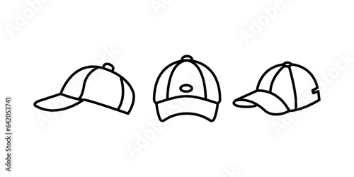 Set of Base ball cap vector icons. Black linear Baseball hat icons vector on white background. Black silhouette.