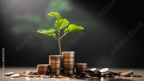 money coins and plant growing on wood table with blur background