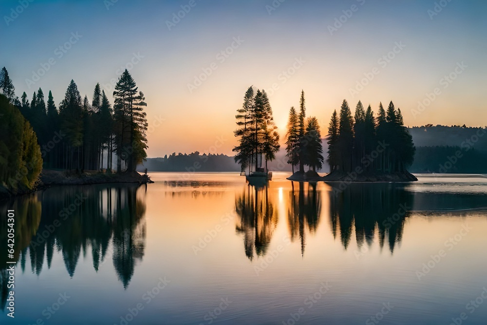 Fototapeta premium Rich colors reflecting on the calm water's surface.