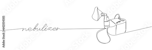 Compressor inhaler, nebulizer, medical supplies, equipment one line art. Continuous line drawing of clinical, disposable, tool, inhalation, lung treatment with inscription, lettering, handwritten.