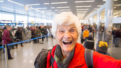 A senior citizen taking a selfie at the airport, excited to be traveling. Elderly people live a healthy lifestyle.