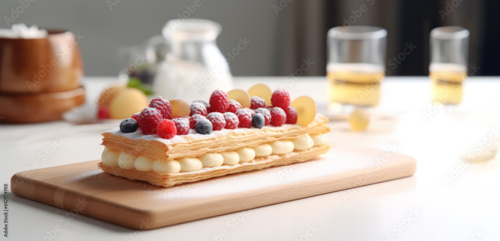 mille feuille on wooden plate with copy space mille feuille on wooden plate with copy space
