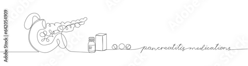 Pancreatitis medications set. Blister pack, pancreas, tablets, pills, capsules, packaged medicines, herbal, medicine one line art. Continuous line drawing of treatment medication, pharmacy, therapy
