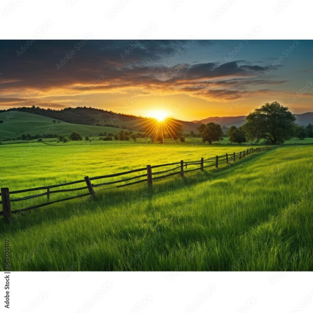 Sunrise against the backdrop of a field with grass