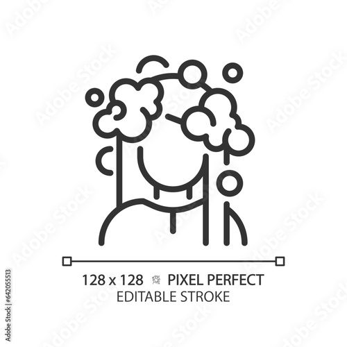 2D pixel perfect customizable woman with foam hair wash black icon, isolated vector, haircare thin line simple illustration.