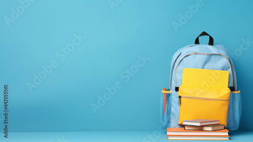School Backpack with Books on a pale blue Background with empty space. Ai generative.