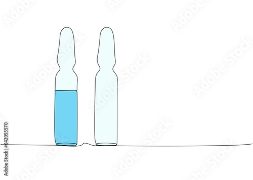 Medicine ampoules, vaccine, serum, glucose, oil one line color art. Continuous line drawing of treatment, medication, pharmaceutical, medical, pharmacy, medicine, therapy, allergy photo