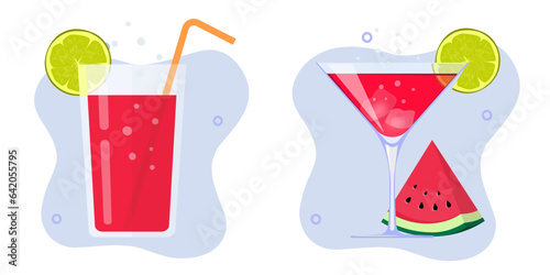 Cocktail drink glasses vector icon set graphic illustration image clipart  red tropical juice sweet strawberry beverage with lime slice and watermelon