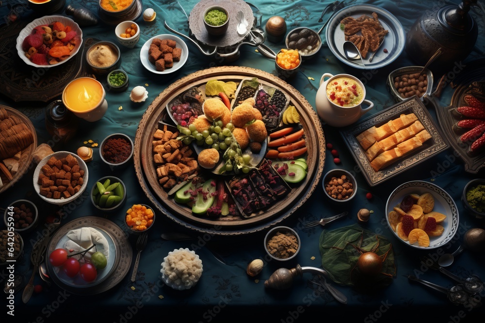 Ramadan kareem Iftar party table with assorted festive.generative ai