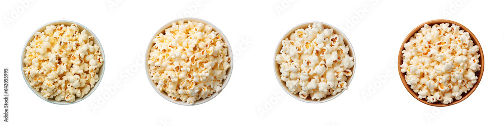 Flat lay top view of pop corn bowl on transparent background