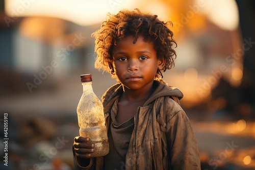 Portrait of a sad African boy in a poor neighborhood. Poverty Symbol: African Black child with Drinking Heathy Fresh Water from a bottle. the problem of poverty and inequality