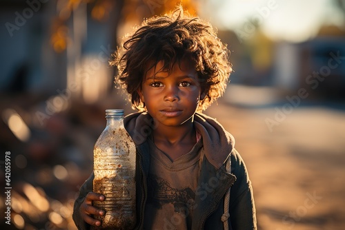 Portrait of a sad African boy in a poor neighborhood. Poverty Symbol: African Black child with a bottle of Drinking Water. the problem of poverty and inequality © Irina Mikhailichenko