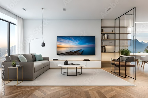 TV on cabinet in modern living room generated ai © kashif 2158