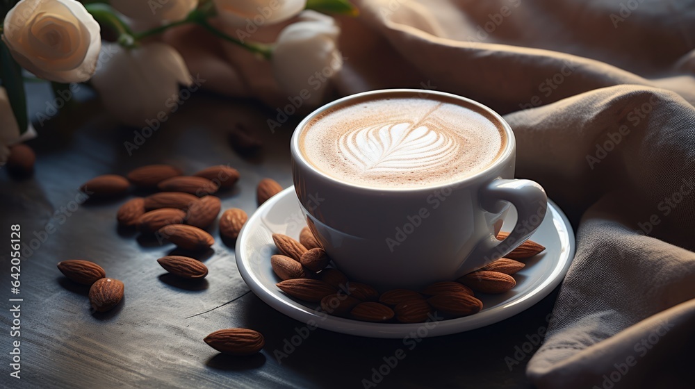Coffee with alternative almond milk with almond nuts. Plant based eco organic healthy beverage concept Coffee with alternative almond milk with almond nuts. Plant based eco organic healthy beverage concept