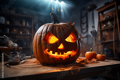 pumpkin being carved in a garage photo