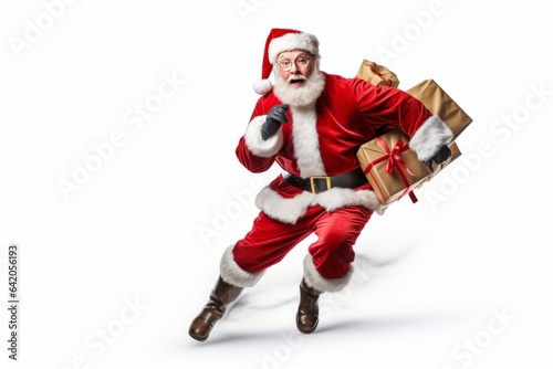 Santa Claus running with gifts isolated on white background.generative ai
