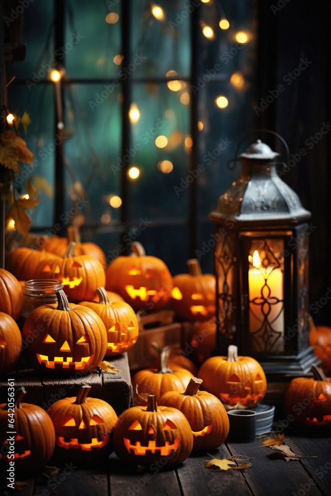 Happy Halloween background spooky scene, creepy dark night with jack o lantern pumpkins spooky