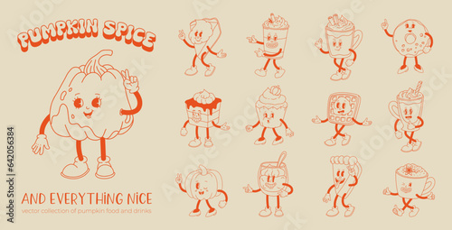 Funny Retro cartoon Pumpkin Character in groovy 50s, 60s, 70s Vintage Style. Happy Autumn mascot with pumpkin spice latte, pumpkin pie, pudding, cake, cupcake, waffles, donut and coffee.