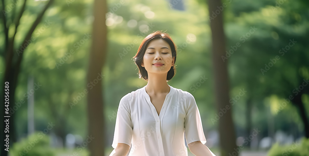 A young woman meditates outdoors in a park and within an Asian cultural building, basking in sunlight. She strikes a serene yoga pose. Generative AI. A young woman meditates outdoors in a park and within an Asian cultural building, basking in sunlight. She strikes a serene yoga pose. Generative AI.