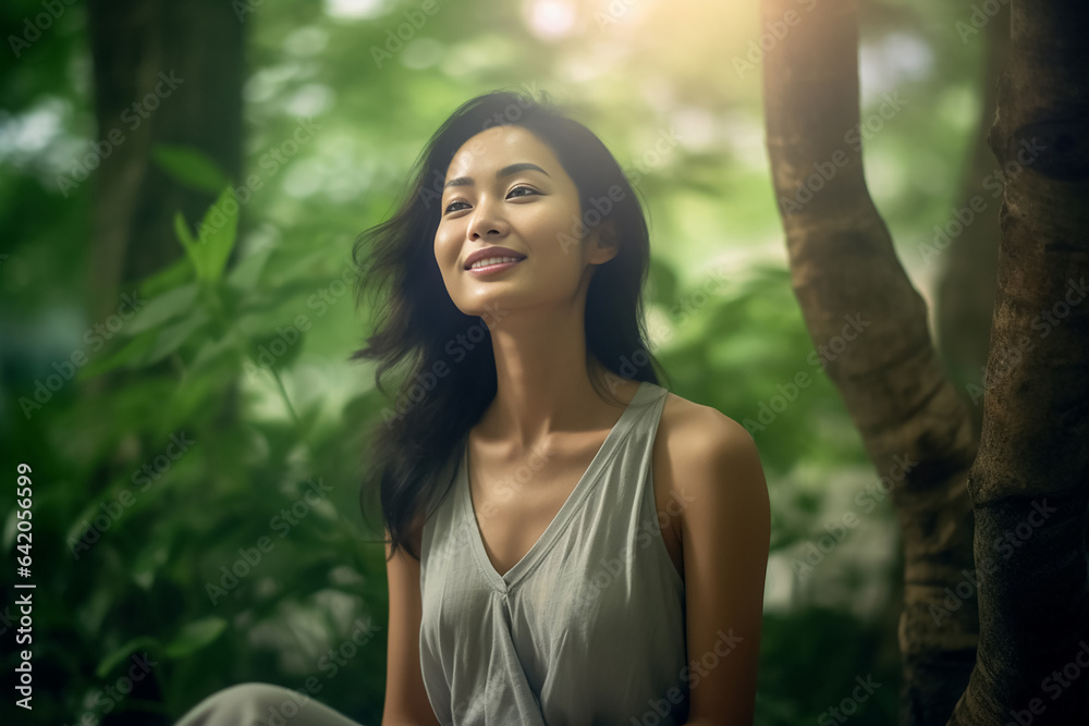 A young woman meditates outdoors in a park and within an Asian cultural building, basking in sunlight. She strikes a serene yoga pose. Generative AI. A young woman meditates outdoors in a park and within an Asian cultural building, basking in sunlight. She strikes a serene yoga pose. Generative AI.