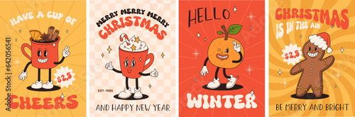 Funny Retro cartoon christmas Character in groovy 50s, 60s, 70s Vintage Style. Happy new year mascot with hot coffee, cocoa, gingerbread, cake, cupcake and cookie. Xmas vintage characters.