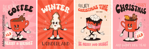 Funny Retro cartoon christmas Character in groovy 50s, 60s, 70s Vintage Style. Happy new year mascot with hot coffee, cocoa, gingerbread, cake, cupcake and cookie. Xmas vintage characters.