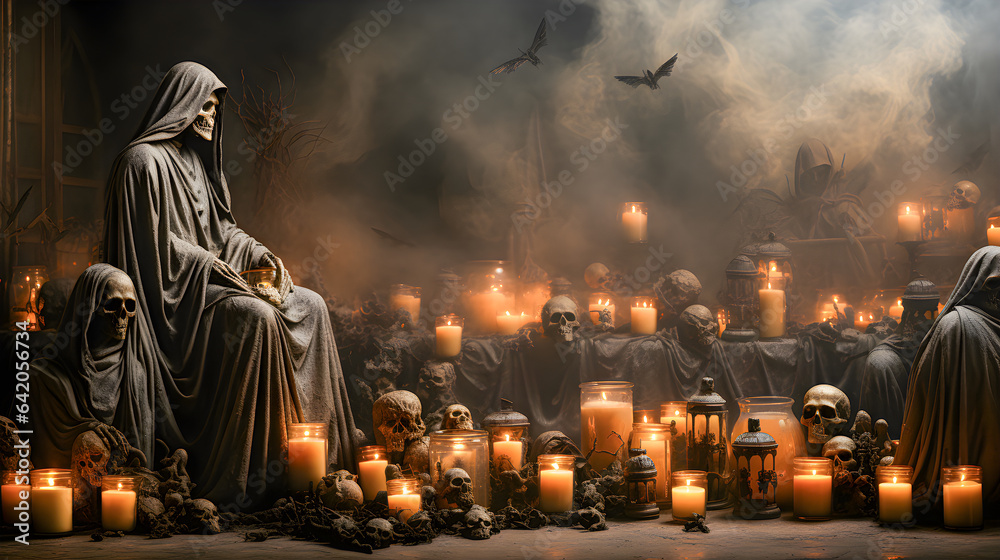 All Saints' Day Background. Day of the Dead. November 1st. Skulls, candles and death. Copy space. Generative ai All Saints' Day Background. Day of the Dead. November 1st. Skulls, candles and death. Copy space. Generative ai