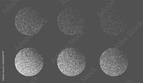 Circles noise texture dotwork grain on dark background. Pointillism gradient pattern. Radial stochastic grange texture. Dotwork stipple halftone effect. Dotted sphere stipple element Vector background