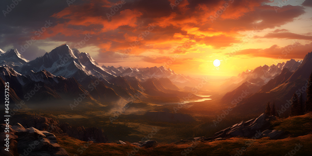 Fantasy Landscape .Sunset over the mountain valley Red sunset over a high snowy mountains,Sunrise Scenery Behind the Mountains.