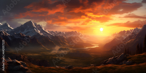 Fantasy Landscape .Sunset over the mountain valley Red sunset over a high snowy mountains Sunrise Scenery Behind the Mountains.