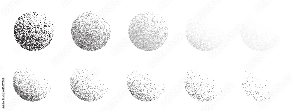 Dotwork grain noise gradient circles. Pointillism gradient pattern. Radial stochastic grange texture. Dotwork stipple halftone effect for tattoo. Dotted sphere, stipple element. Vector background