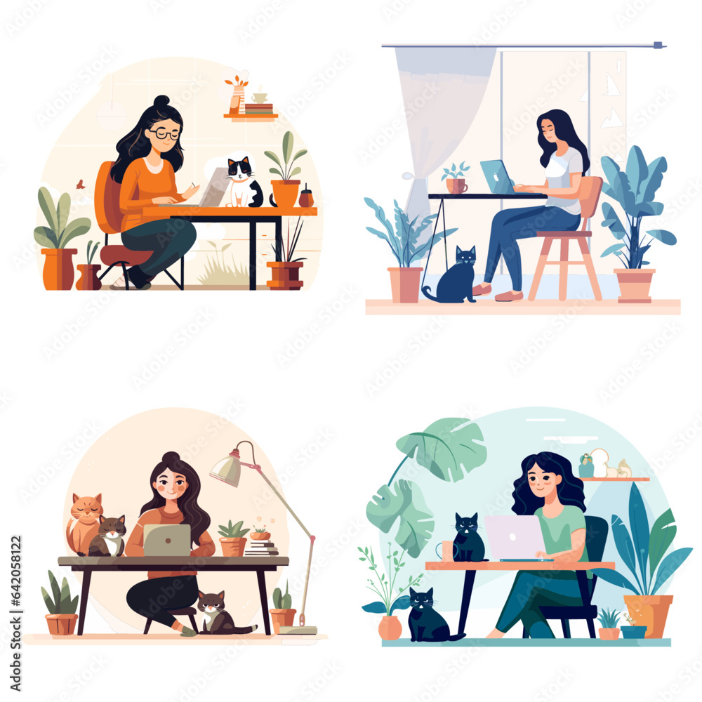 woman in a room for remote work with cat
