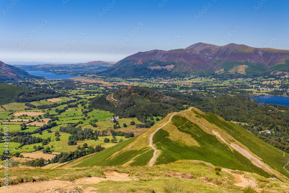 Rural farmland and lakes from Catbells in the English Lake District