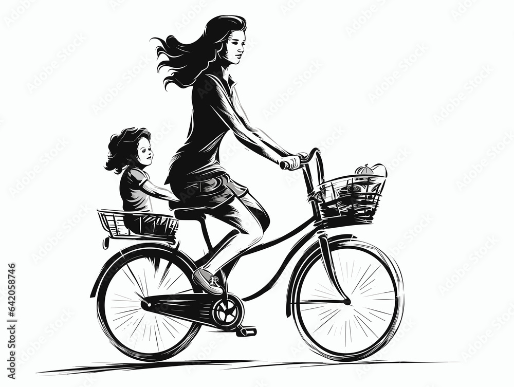 Obraz premium Mother With Bike In The Style Of Dynamic Line Work