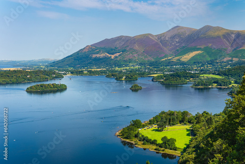 A large, tranquil lake with a background of mountains (Catbells and Derwentwater, Lake District)