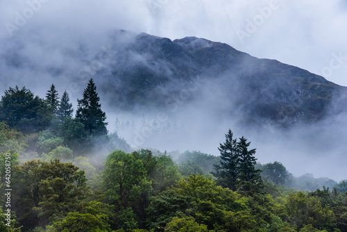 Low cloud and mist over a forest with mountain backdrop (Glencoe, Scotland) photo