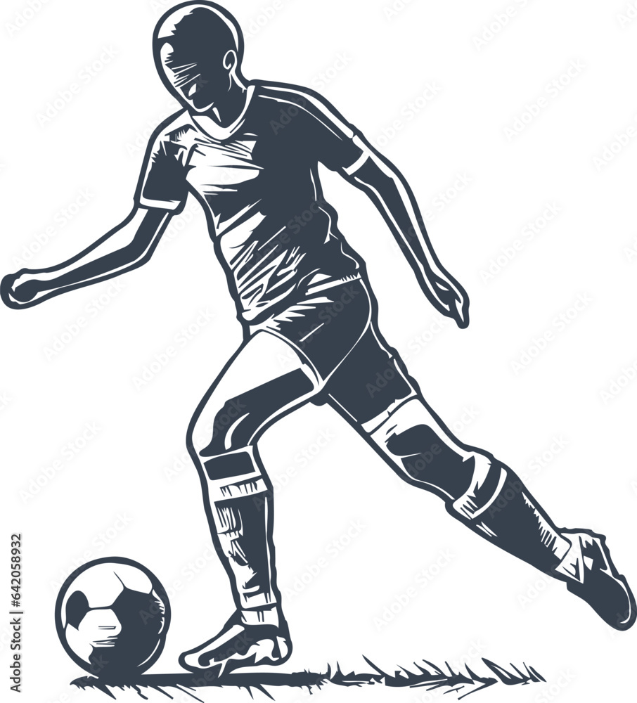 Clear-cut monochrome vector image of a soccer player with ball