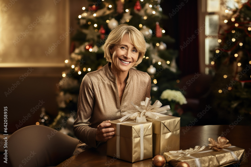 A photo of attractive mature female with Christmas gift