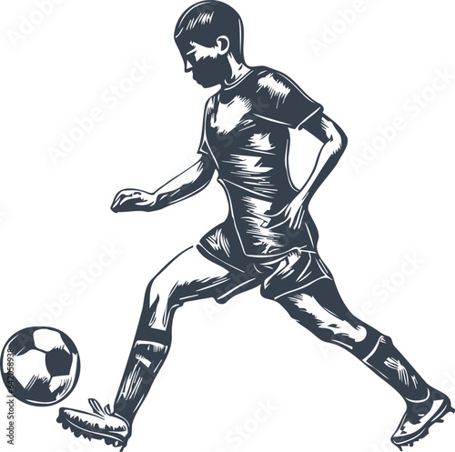 Minimalist monochrome vector depiction of a player and soccer ball