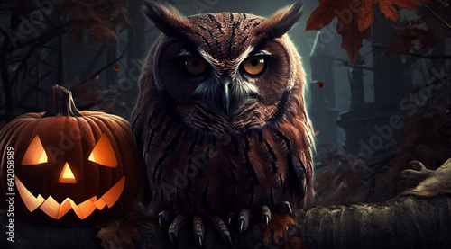 Owl with a pumpkin for Halloween  created with Generative AI technology.