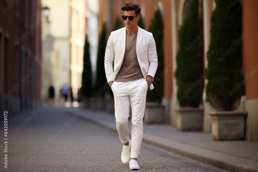 wide white pants mockup on unrecognizable male model , AI Generated - obrazy, fototapety, plakaty 