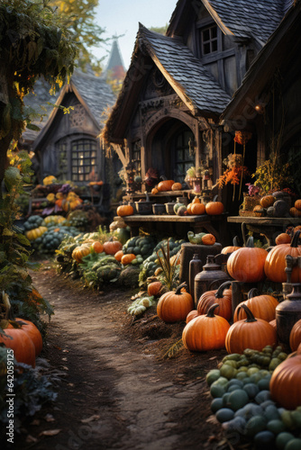 Halloween spooky background  scary jack o lantern pumpkins in creepy dark Happy Haloween ghosts horror mysterious night village street garden with old haunted house mystic backdrop.